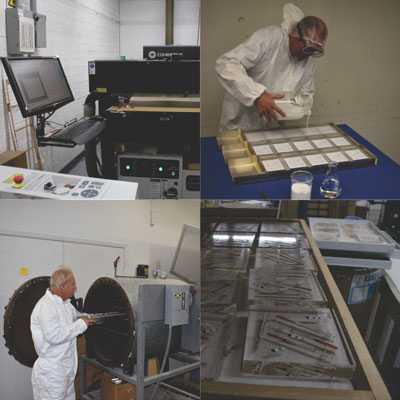 Collage of manufacturing facility and acrylic embedment casting room.